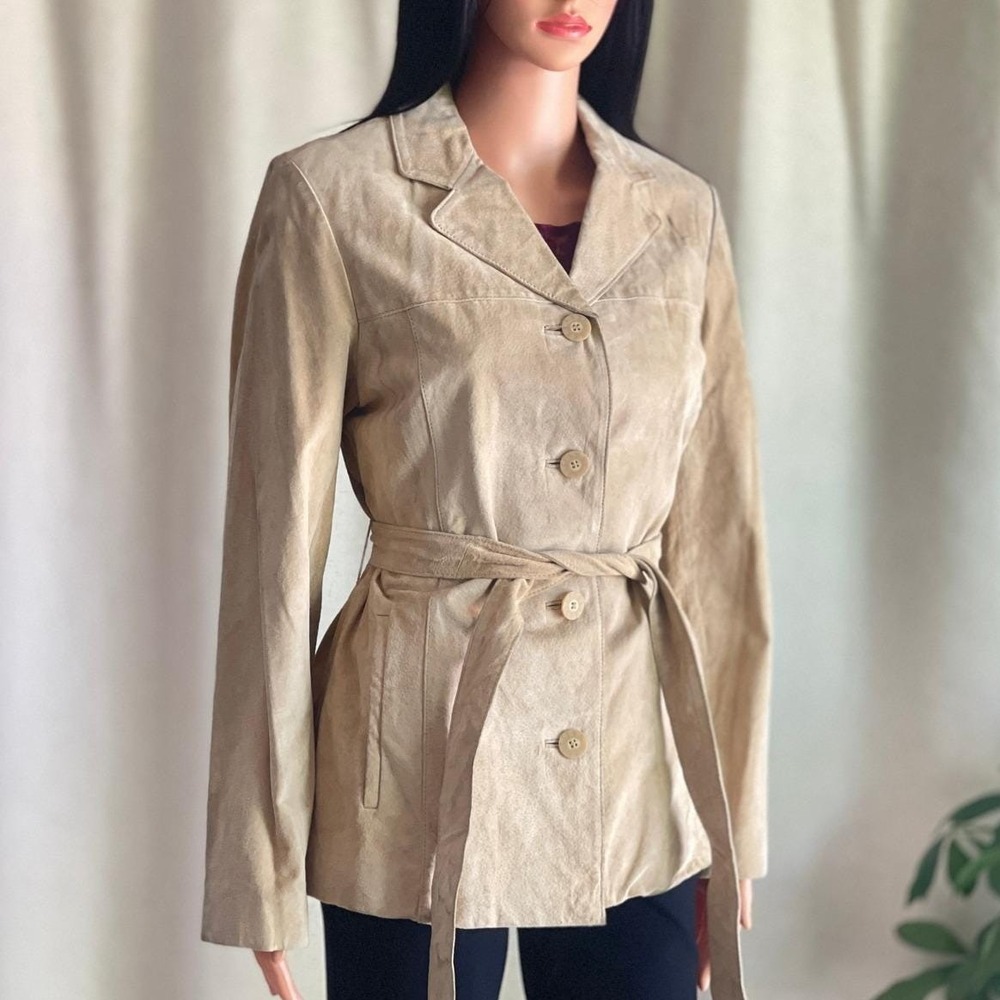 Y2K Wilsons Leather Tan Suede Belted Jacket Button Front Coat Boho Womens M